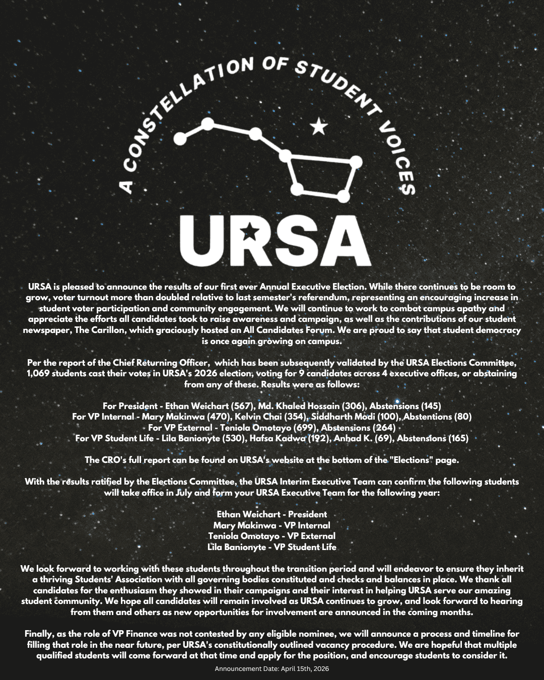 Official Statement: 2026 Executive Election Results